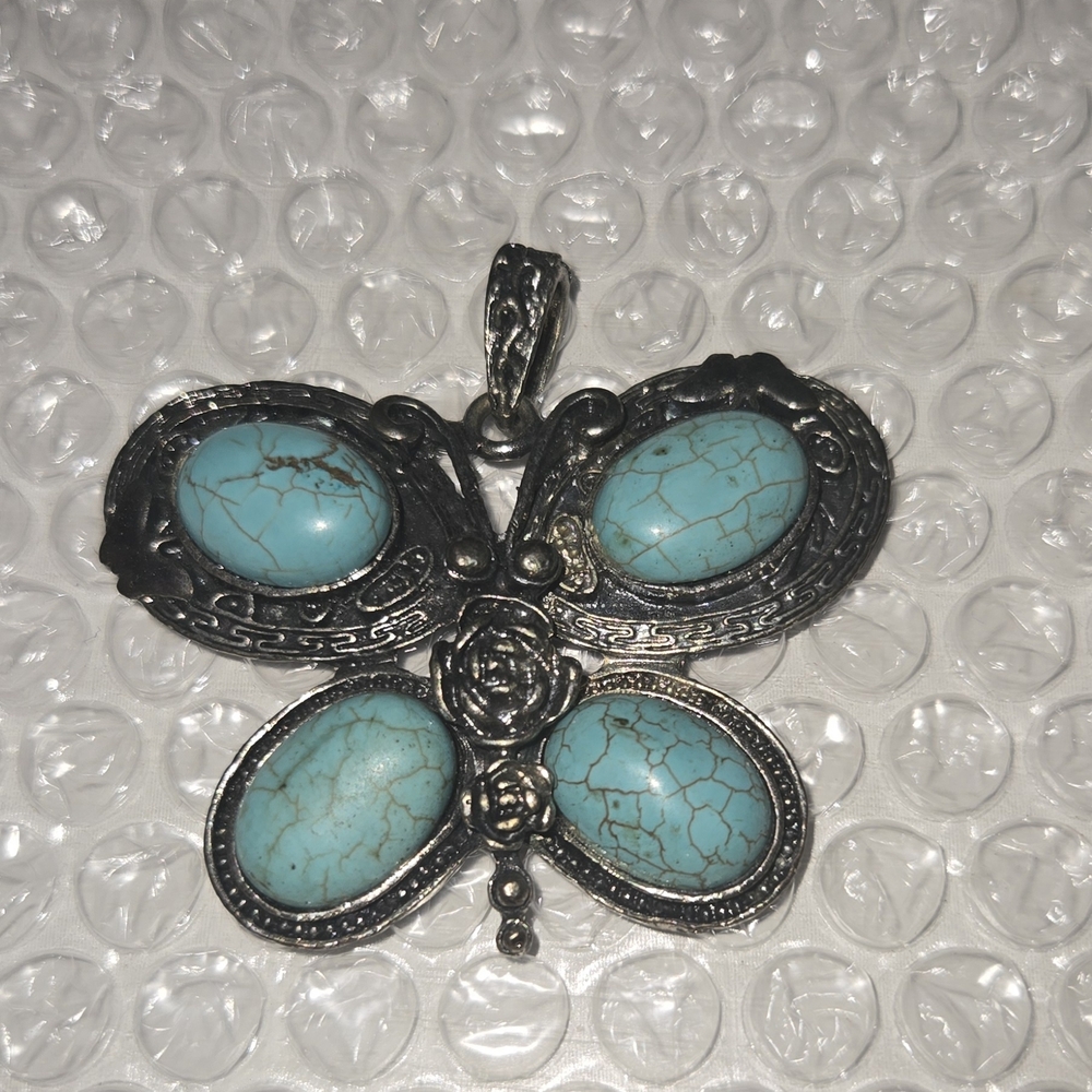 Silver Butterfly Pendant with Turquoise Accents